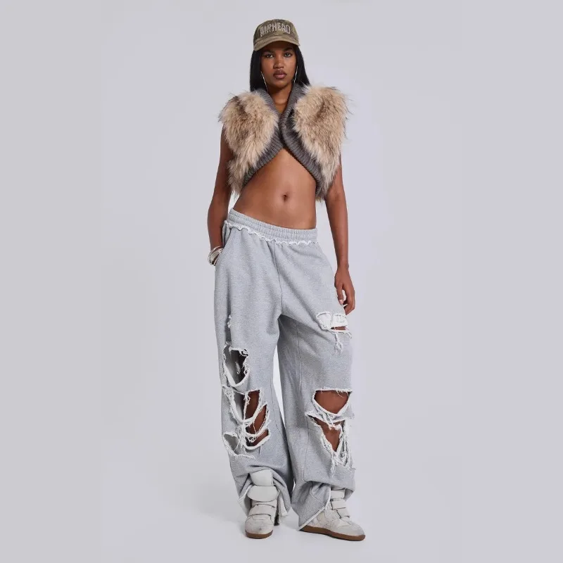 Pantaloni a gamba larga strappati hip-hop da strada alla moda europei e americani in puro cotone Pantaloni sportivi larghi Pantaloni casual da donna