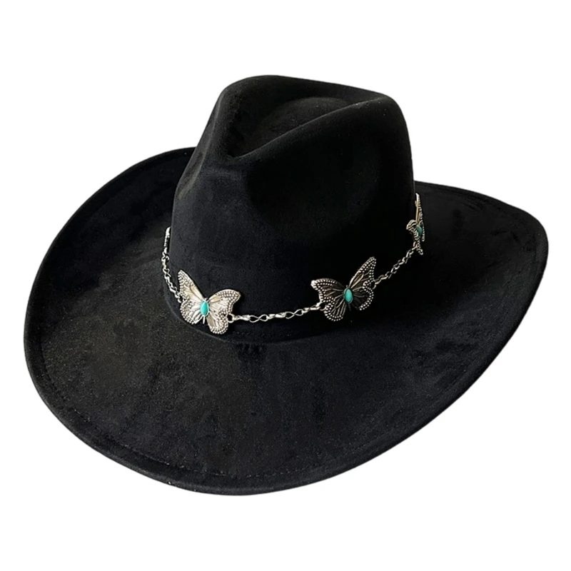 652B Fashion Fedoras Hat with Butterfly Chain Decoration Large Brims Cosplay Hat