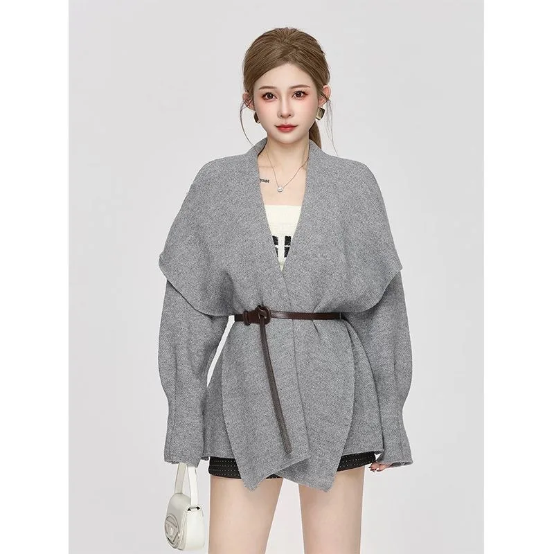 المرأة الخريف الشتاء الفرنسية رشيقة بدوره إلى أسفل طوق سترة سترة سيدة الموضة معطف أسود متماسكة مع حزام الخصر سترات جديدة #2