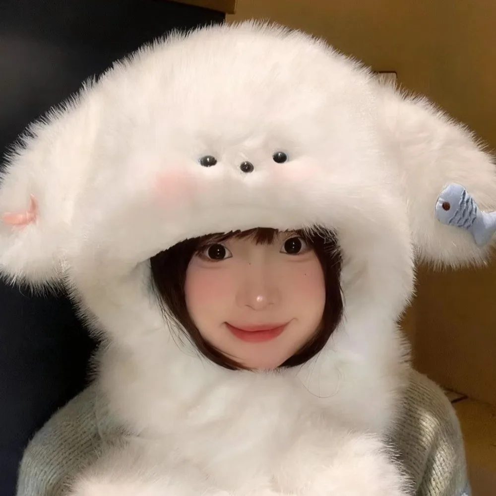 

Ski Caps Cute Ear Protection Hat Korean Style Soft Pullover Hats Comfortable Headgear Dog Hooded Scarf Autumn and Winter