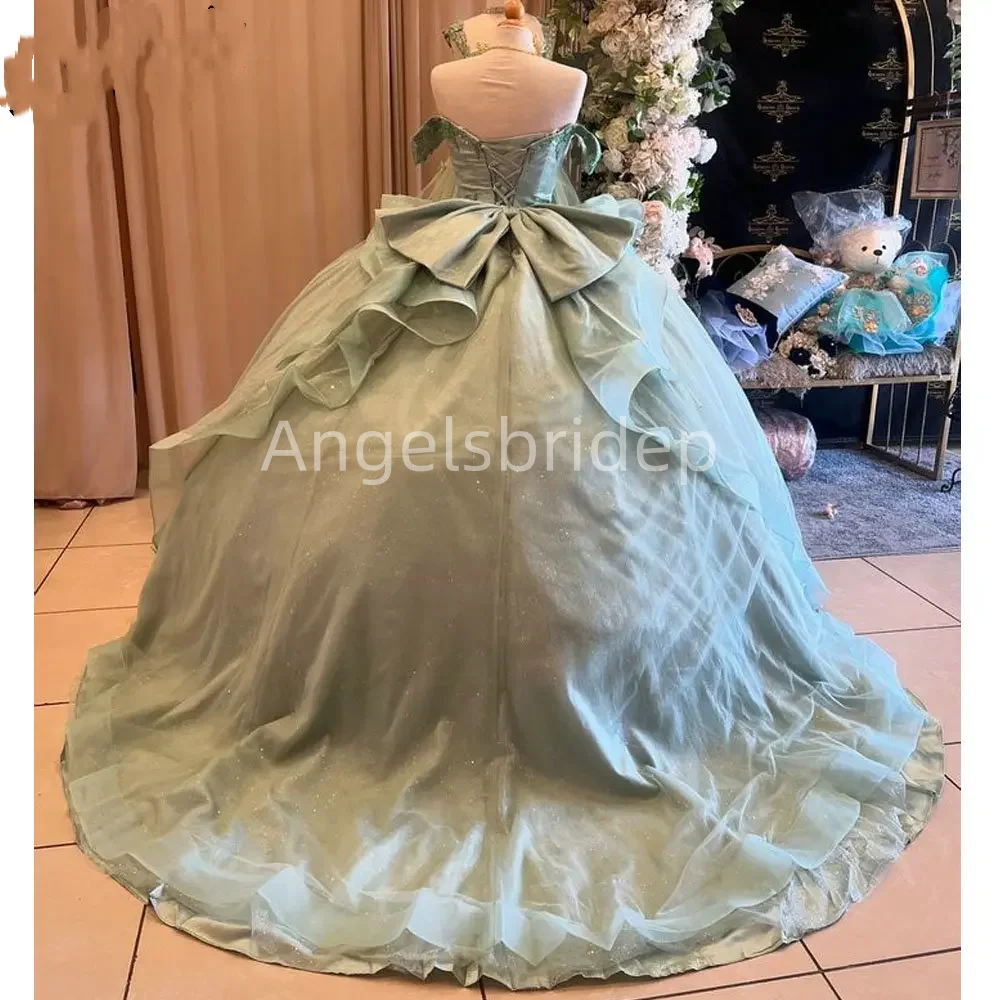 Angelsbridep Elegante Bling Tule Saliegroen Baljurk Quinceanera Jurken 3D Bloemen Avond Party Dress Vrouw Vestidos De Festa