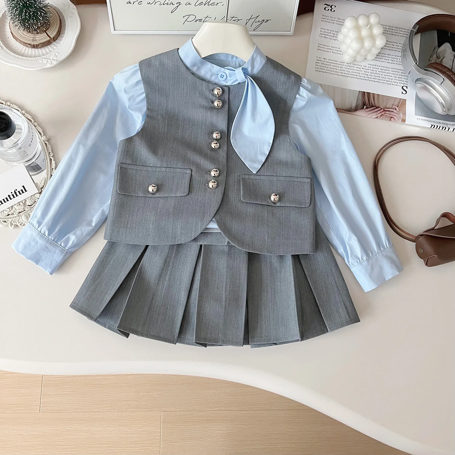 

Girl Kids Vests Jackets+skirts+bowtie Shirts,Children Birthday Clothes 2025 Korean Girls Baby Spring Autumn Clothing Set Elegant