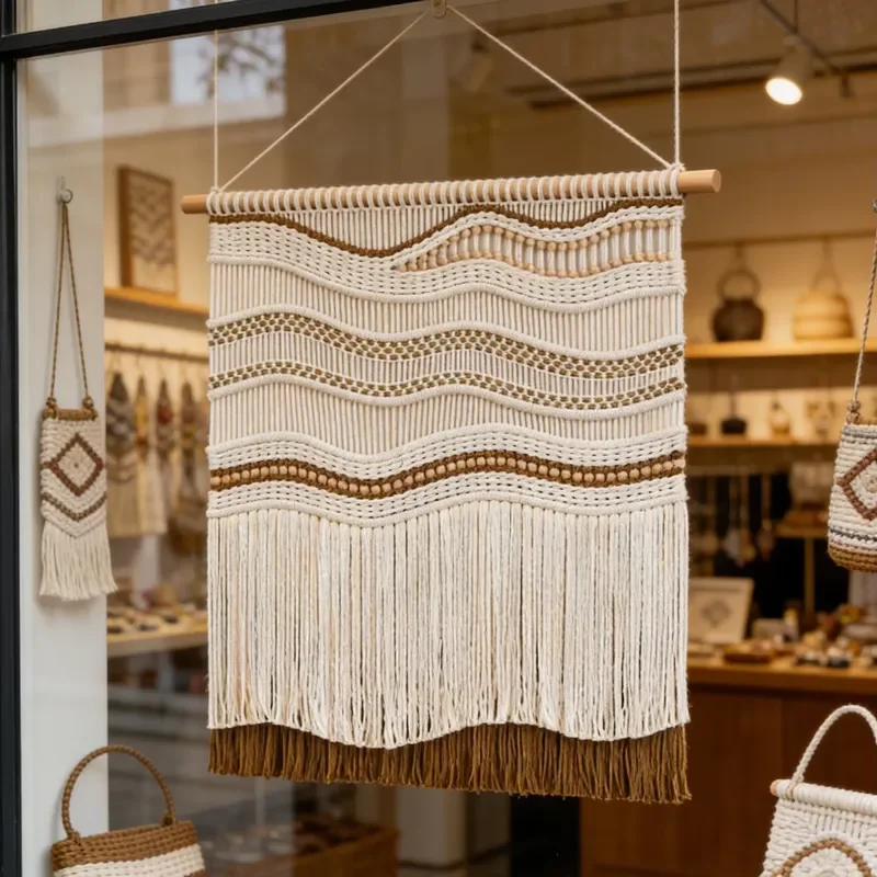 Decoração de Parede Artesanal em Macramê Estilo Art Déco com Franjas - Decoração de Parede em Algodão Ecológico para Sala de Estar, Quarto e Decoração