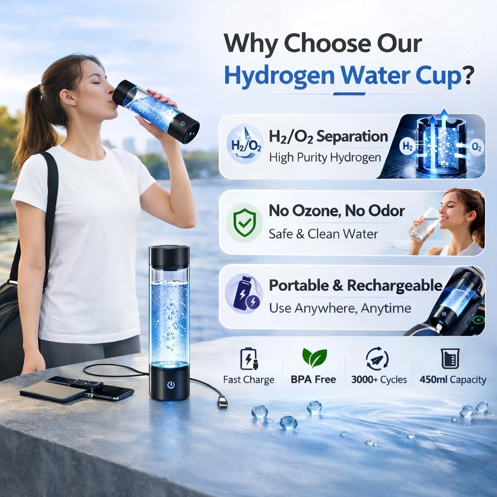Portable Rechargeable Hyd rogen Water Generator Bottle Hyd rogen-Rich Alkaline Water Ionizer Health Drinkware