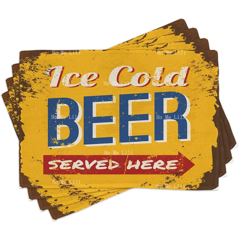 Man Cave Vintage Worn Out Rusty Sign Design With Ice Cold Beer Served Here Beverage Print Placemats For Dining Table