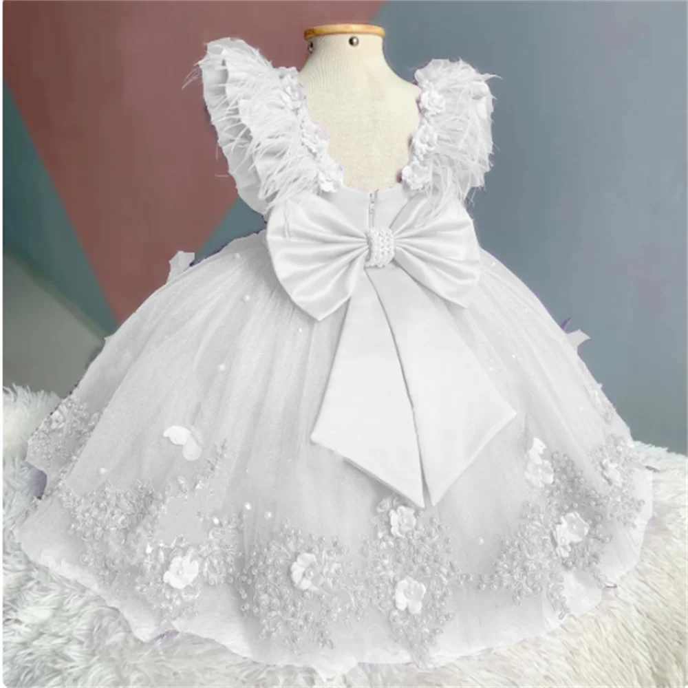 3D Butterfly luxury Feather Flower Girl Dress Wedding Pink With Pearls Bow Puffy Tulle Birthday Party Baptism Communion Gown