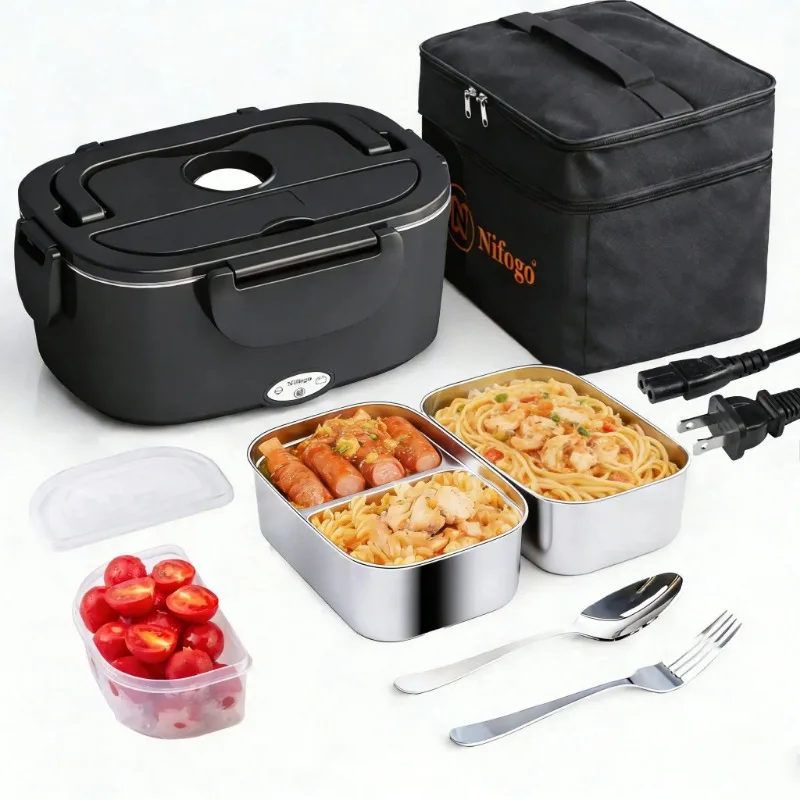 100W Fast‑Heating Electric Heated Lunch Box, Car & Household Dual‑Use Portable Food Warmer, Stainless Steel Heating Bento Box with Insulated Bag, Spoon and Fork for Office Travel
