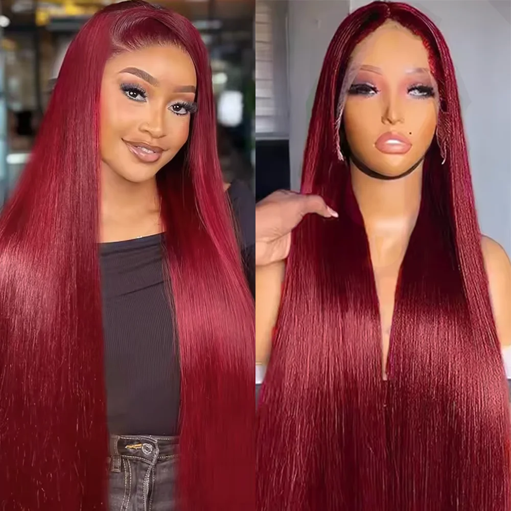 

Парик из натуральных волос 13x6 HD Lace Front, прямой, цвет 99J Бордовый, HD, с предварительно выщипанной линией роста волос, 200% плотность