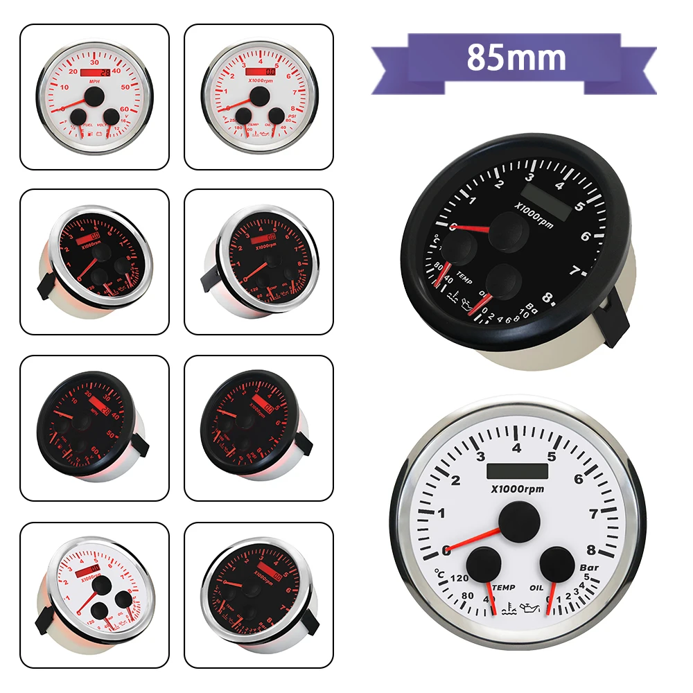 

Rhaxel 85mm 3 in 1 Multifunction Gauge 0-60MPH GPS Speedometer 8000RPM Tachometer Fuel Level Water Temp 12Volts for Car Truck
