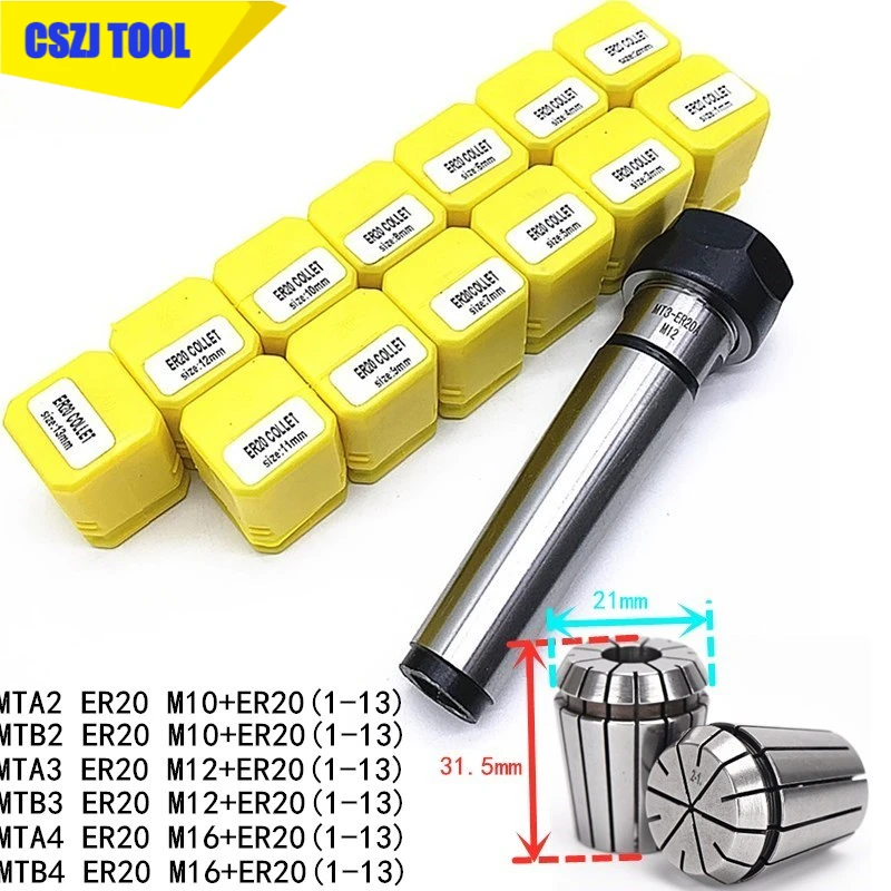 1ชิ้น MT2 ER20 M10 MT3 ER20 M12 MT4 ER20 M16ก้าน morse TAPER + ER20 13ชิ้น (1-13) มม