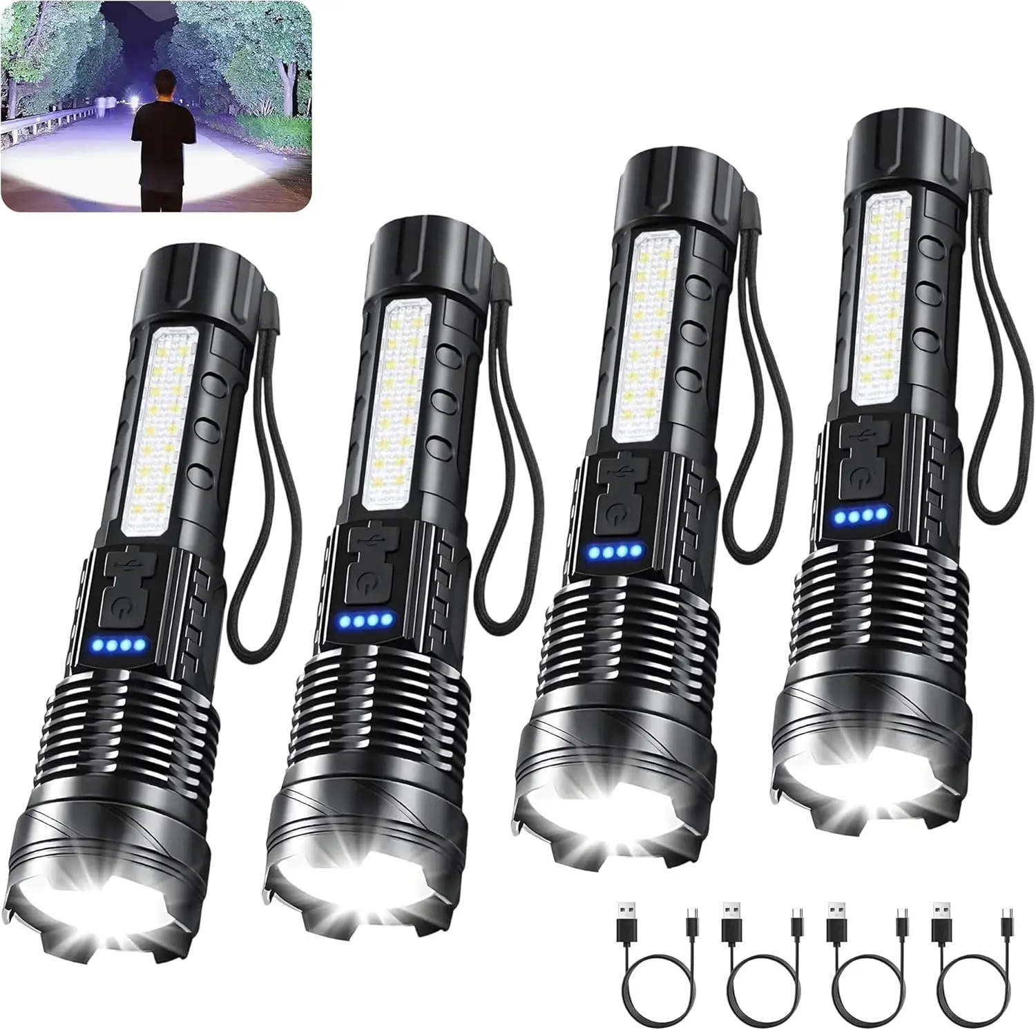 

4 упаковки перезаряжаемых фонарей с высоким люменом, 7-режимный регулируемый тактический светодиодный фонарик для экстренного кемпинга, домашнего использования