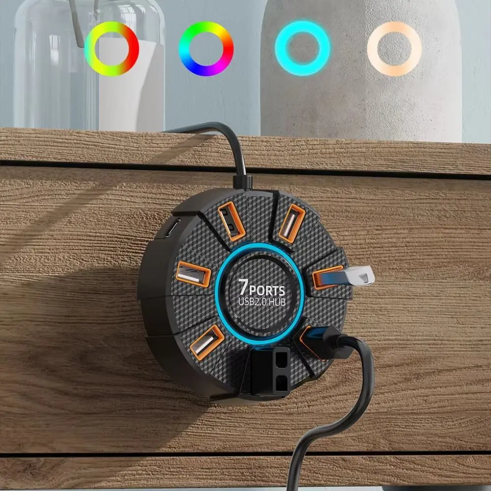 RGB الخلفية 7 منافذ متعددة المتوسع USB الفاصل عالية السرعة USB 2.0 Hub موصل متعدد الوظائف محول الفاصل المتعدد