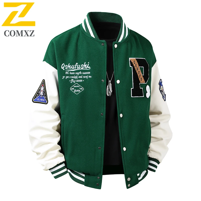 

Мужская бейсбольная куртка COMXZ, новинка 2025 года, модная универсальная куртка с тяжелой вышивкой и воротником-стойкой, уличная повседневная свободная бейсбольная куртка