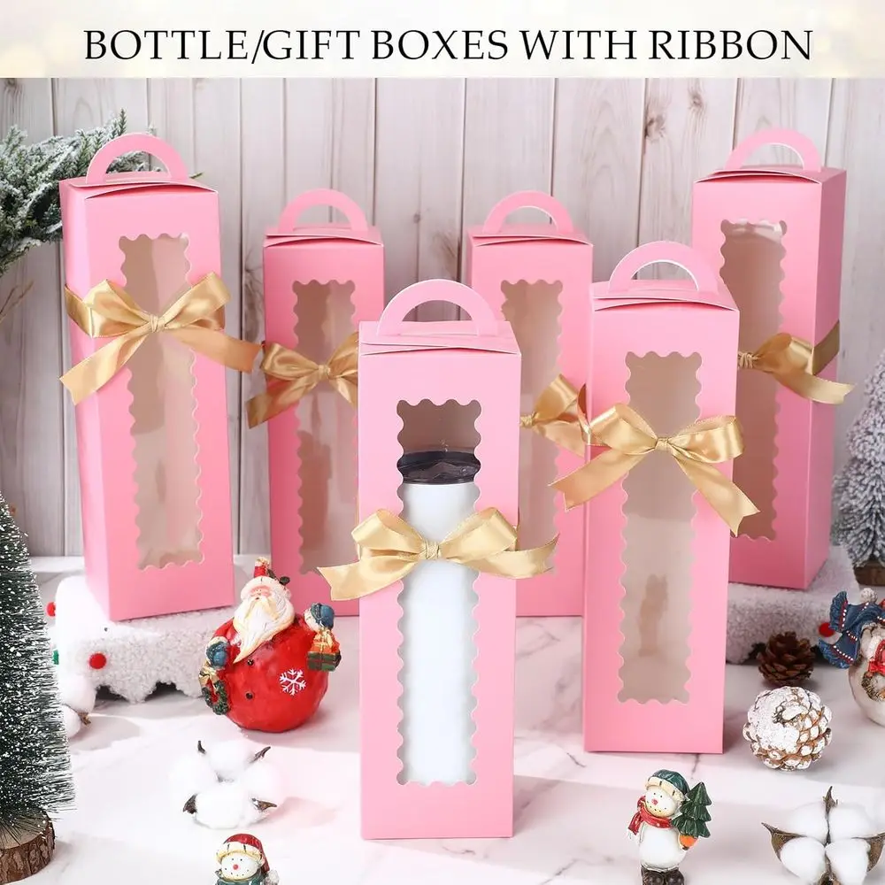 علب هدايا بهلوان من الزجاج الشفاف مكونة من 100 قطعة مع مقبض نافذة وأشرطة وأحجام لـ 12 أونصة، 16 أونصة، 20 أونصة، 30 أونصة - مثالية لـ Chri