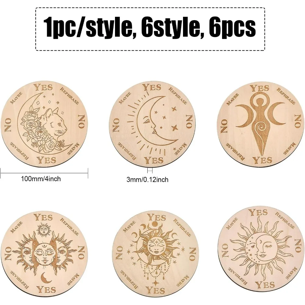 6Styles 4Inch Tarot Theme Wooden Carved Flat Round Wall Decor with Sun Triple Moon Goddess Moon Pattern for Cup Mats Yoga Wall