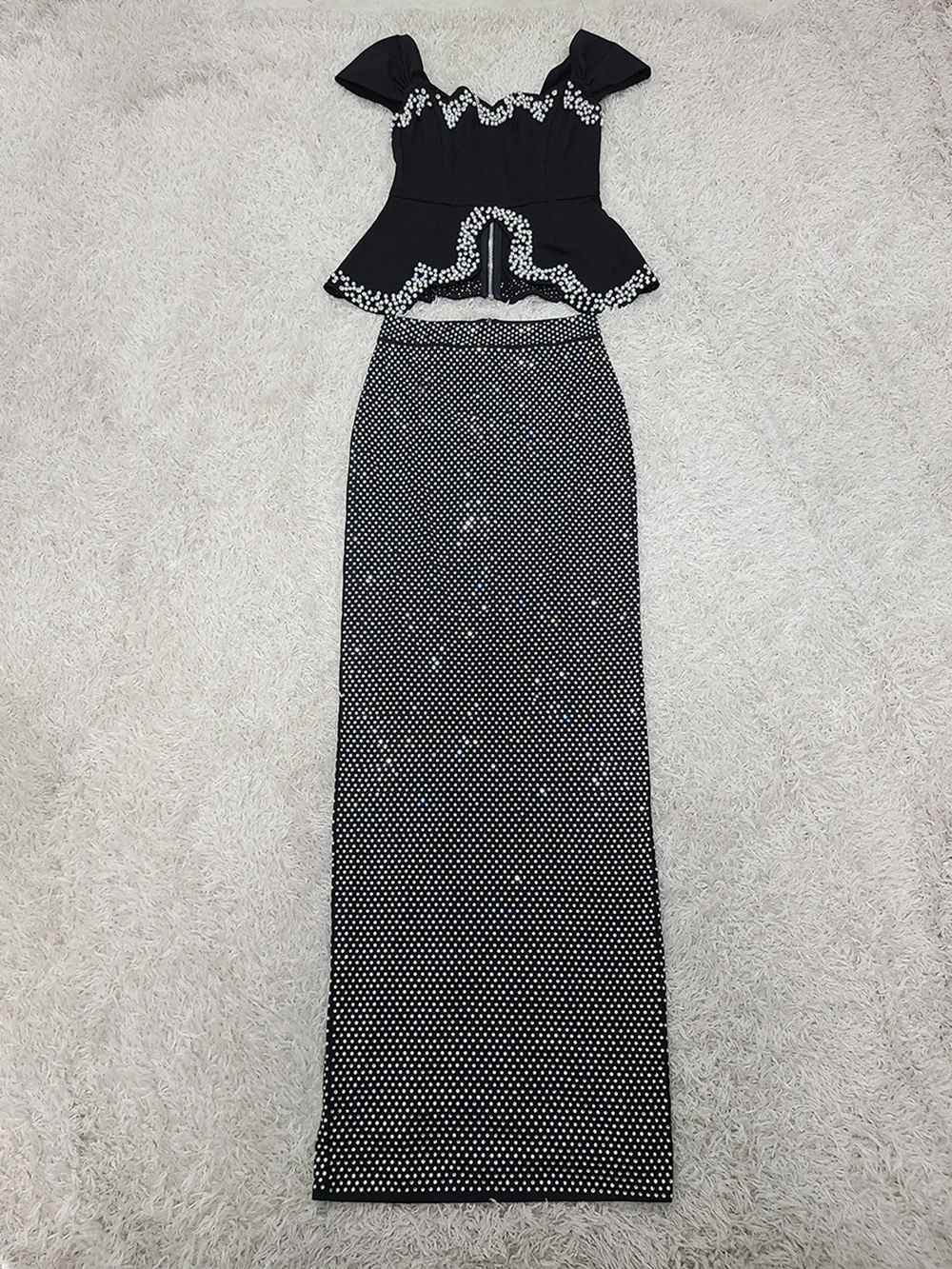 Modphy เซ็กซี่เพิร์ลเพชรผ้าพันคอ Top + ผ้าพันคอ Rhinestone ชุดกระโปรงยาวชุดราตรีชุดผู้หญิง 2 ชิ้นชุด