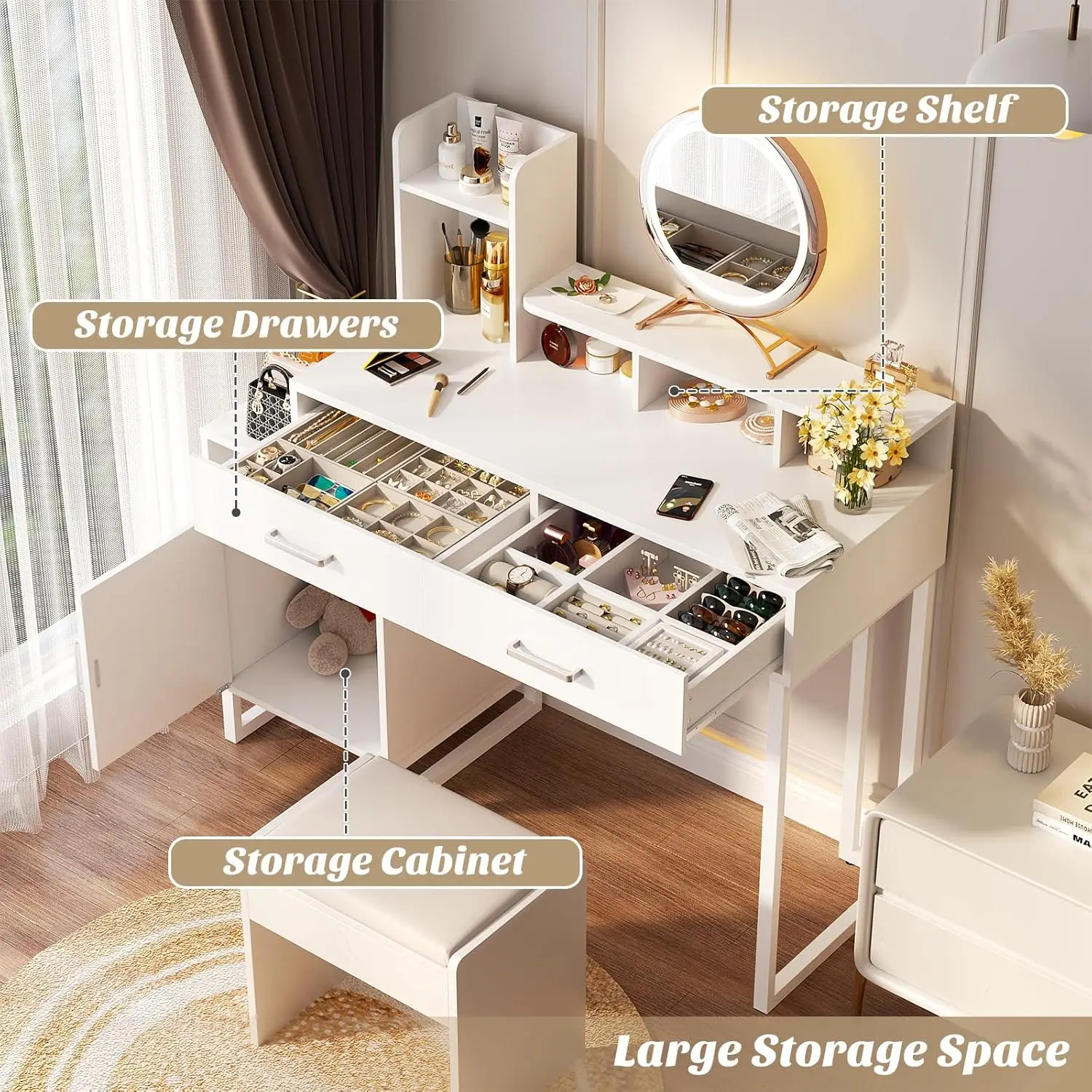 White Vanity Desk for Bedroom with Power Outlet, Drawers, Cabinets and Storage Shelves (No Mirror) view 3