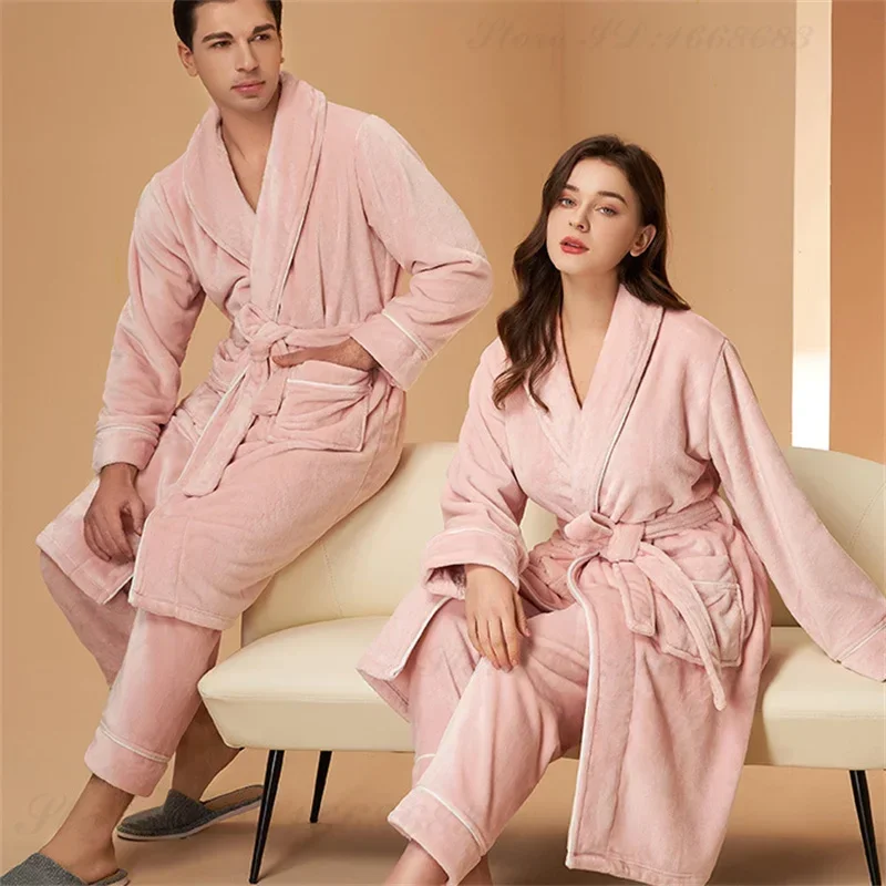 Couple Thicken Plush Pajamas Set Flannel Autumn Winter Coral Fleece Women Robe Sleepwear Home Clothing Loose Casual Lounge Wear