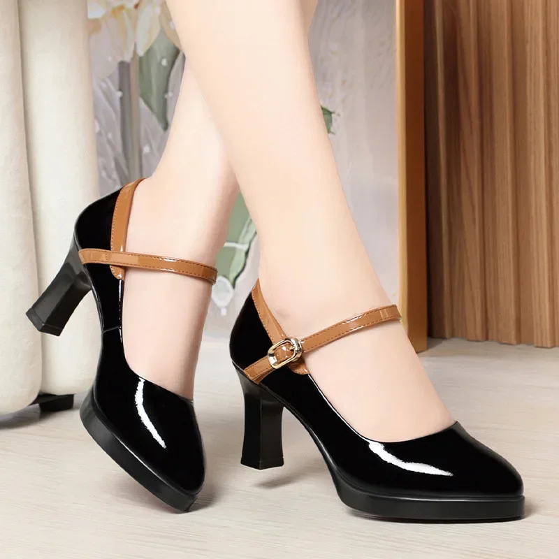 7cm Fashion Shallow Ankle Buckle Patent Leather Shoes Women\'s Mary Janes 2024 Spring Block High Heels Shoes for Office Model