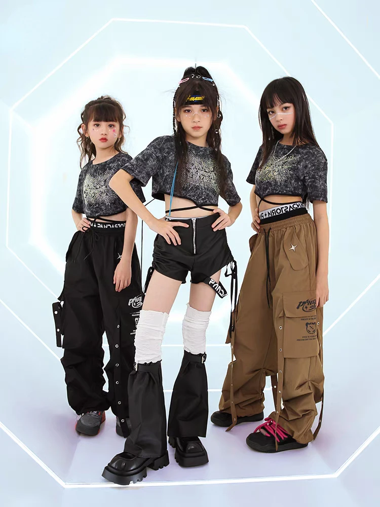 Girls Hip Hop Costumes Crop Tops Cargo Pants Kids Jazz Performance Clothes Teenagers Street Dance Outfit Fashion Stage Wear Sets