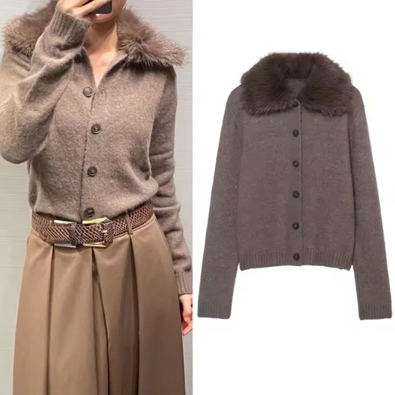 

Women Autumn Winter Fashion Fall Vintage Patchwork Faux Fur Lapel Elegant Sweaters Single Breasted Knitwear Female Cardigans