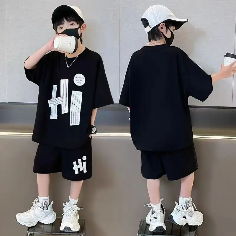 

2025 Summer Boys' Casual Sportswear Student Summer Loose Boys' solid-color letter short-sleeved top and Shorts two-piece set