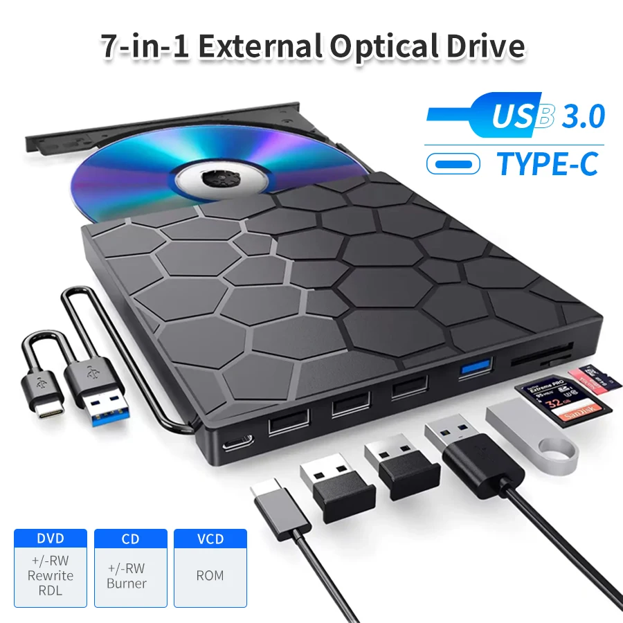 

7 in 1 External CD/DVD Drive USB 3.0 Type-C Portable CD/DVD Burner External DVD Disk Player for Laptops Desktop Windows Linux
