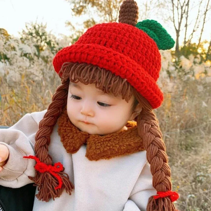 Gorro de punto para bebé y niño, peluca hecha a mano con diseño de manzana, gorros de lana, accesorios para fotos, tocado de 1 a 5 años