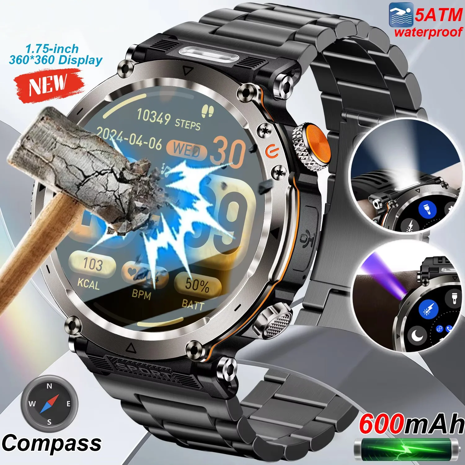 

5ATM Outdoor Smart Watch Men 600mAh LED Flashlight SmartWatch Compass Bluetooth call Heart rate IP 68 Sports Smartwatch 2025 Ne