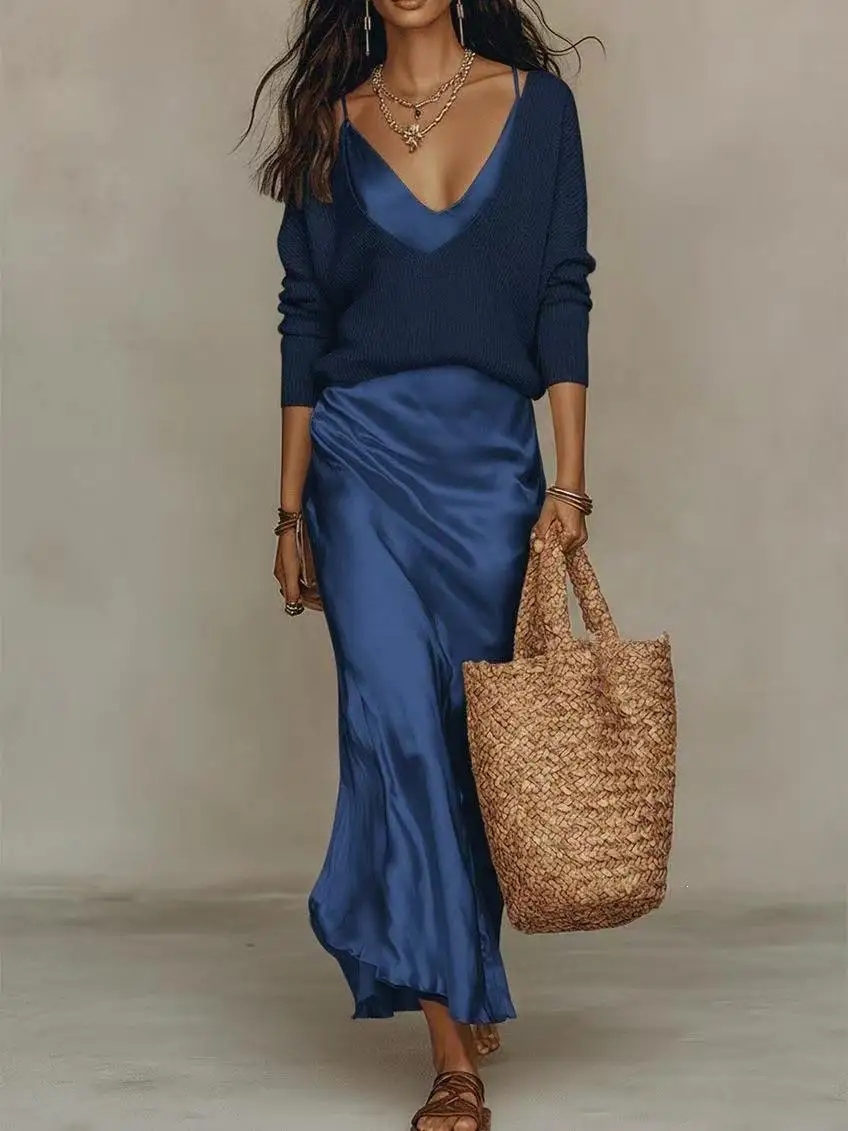 European American Fashion Knit Sweater Top Satin Slip Dress Elegant Commuter Two Piece Outfit Set