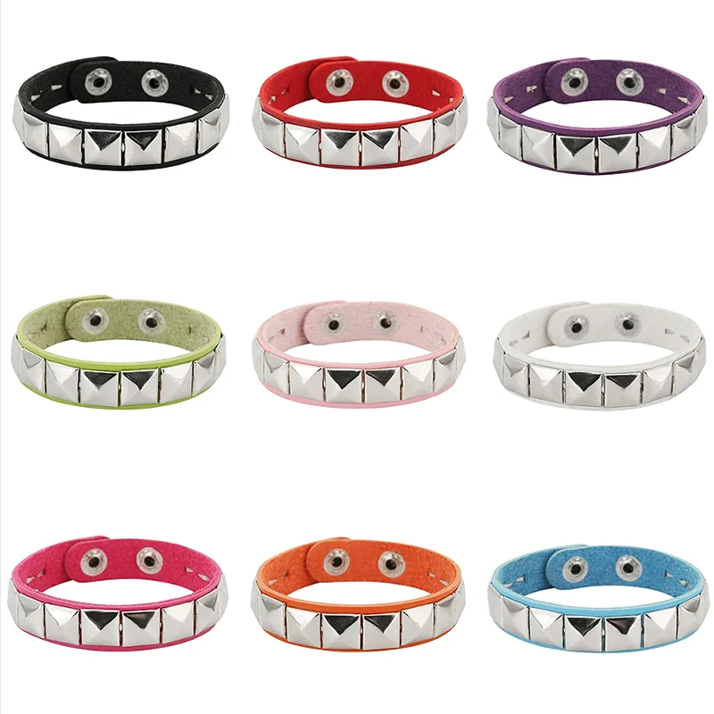 PU Leather Stainless Steel Europe and America Punk Single Row Square Shape Rivet Bracelet for Women Fashion Exaggerated Jewelry