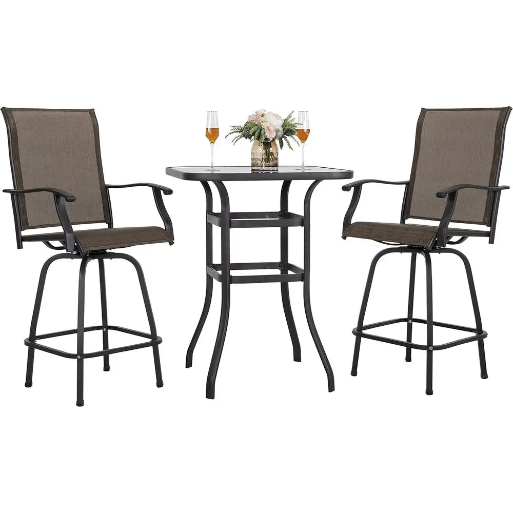 

3-Piece Outdoor Patio Bar Set with Swivel Stools and Tempered Glass Table in Brown