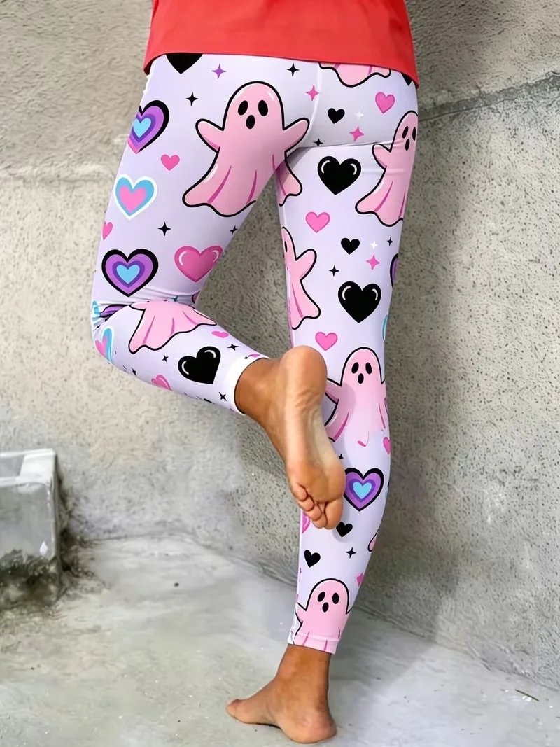 Niedliche Halloween-Leggings für Damen, hellviolett, rosa Geistermuster, bunte Herzen, schmal geschnitten, dehnbar, Party-Hose – Detail 4