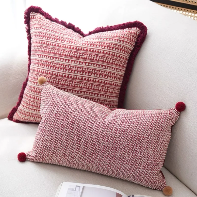 Red Burgundy Pillows Classical Geometric Cushion Case Texture Tassel Square Decorative Pillow Cover For Sofa Chair Home Decorate