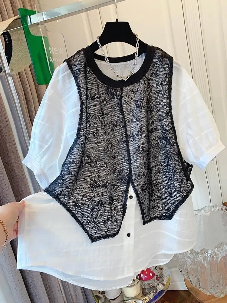 

Женская летняя новая повседневная универсальная блузка, женская модная универсальная поддельная рубашка с двумя короткими рукавами, свободные топы