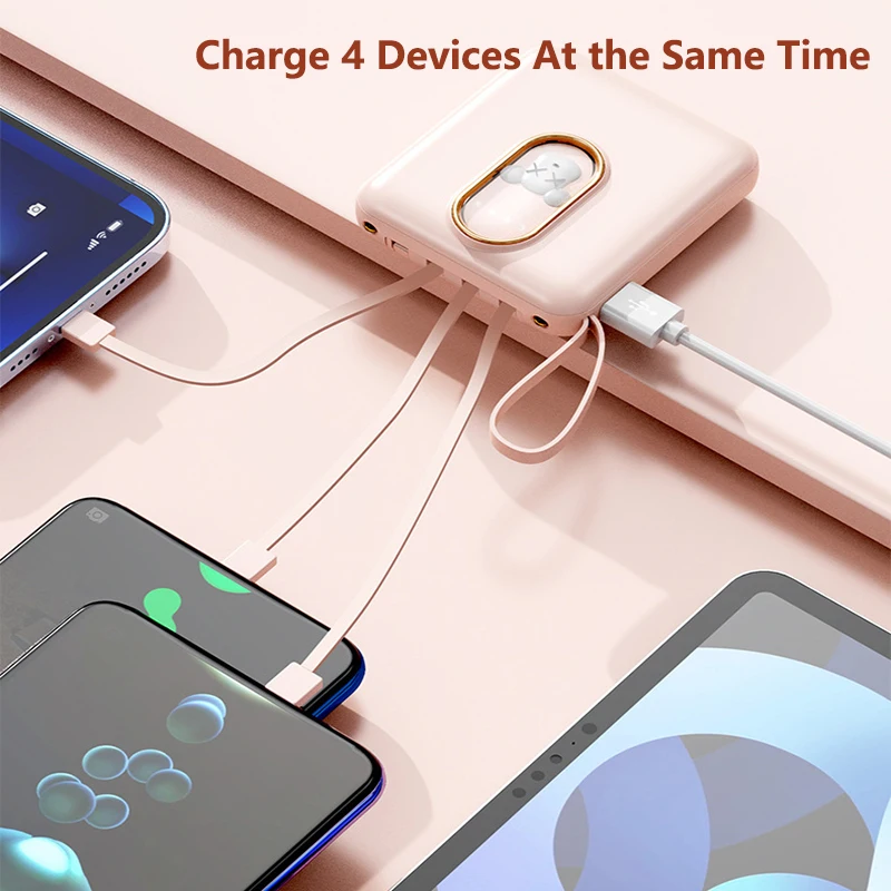 Mini Power Bank 20000mAh Built in Cable Portable Charger External Battery Pack for iPhone 16 Samsung S24 Huawei Xiaomi Powerbank