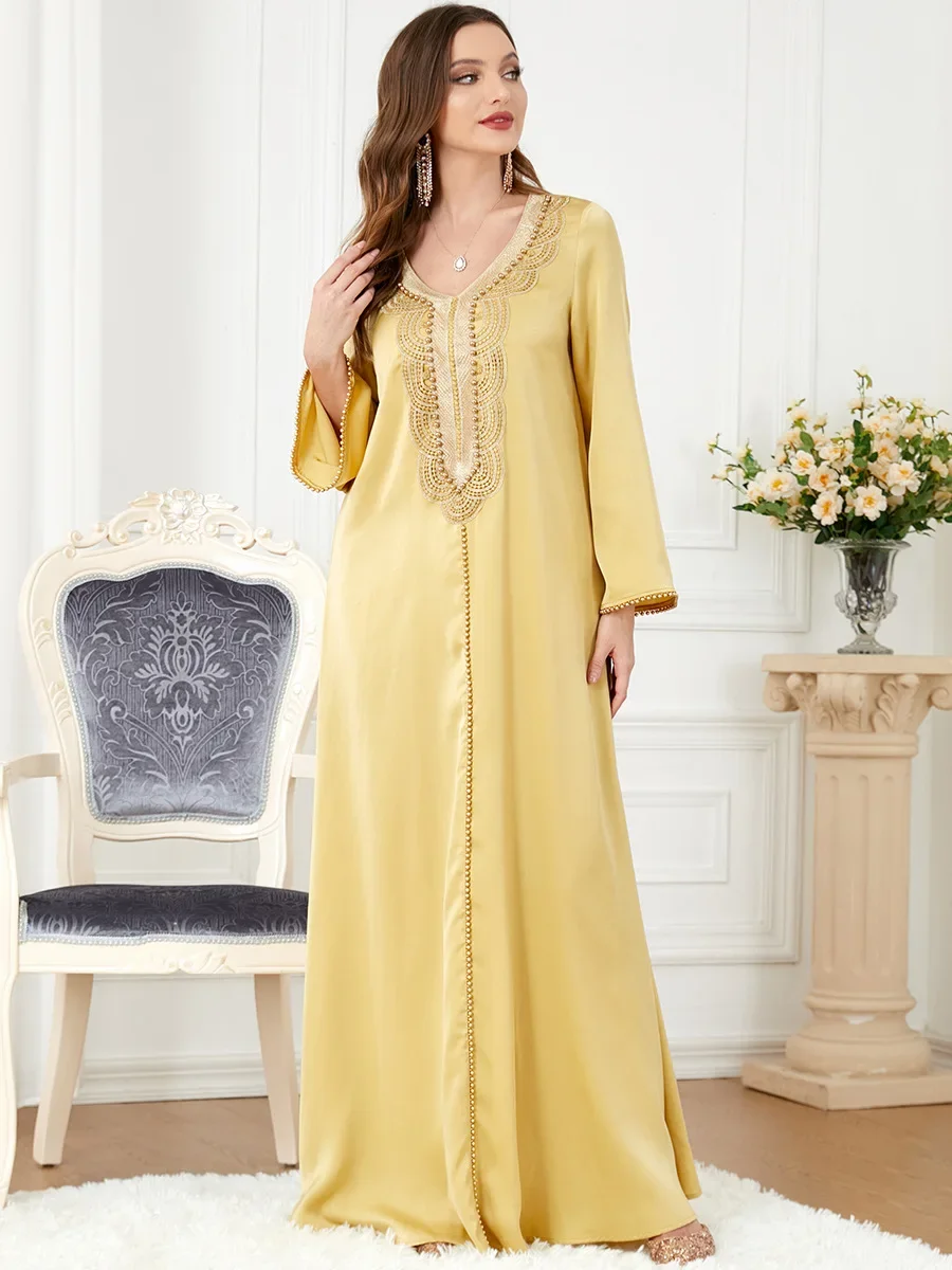 Eid Ramadan Muslim Women Dress Beading Dubai Morocco Party Dresses Arabic Kaftan Vestidos V-neck Elegant Maxi Prayer Abayas 2024