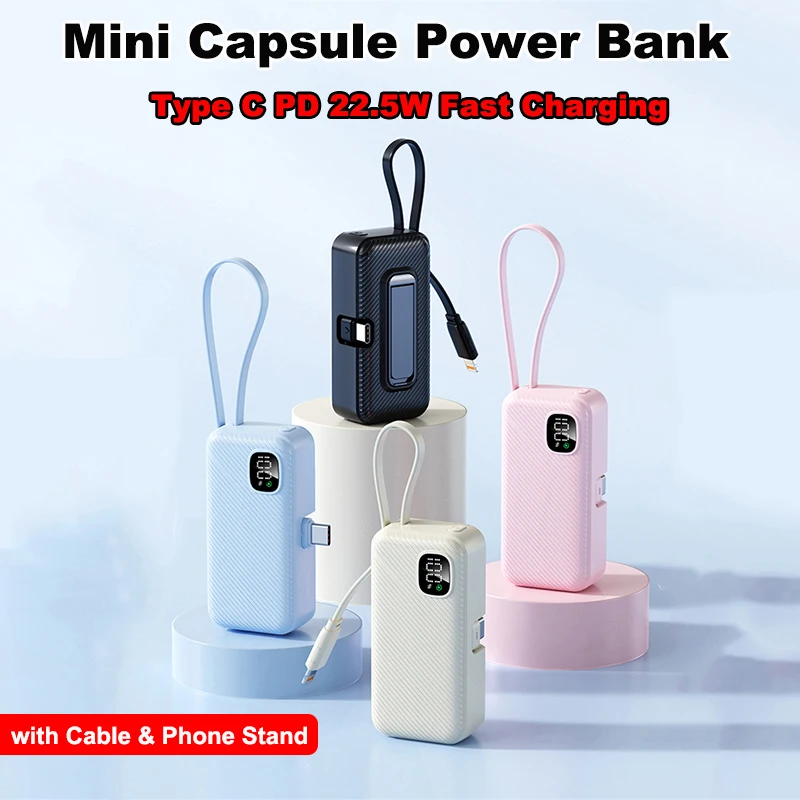 

Mini Capsule Power Bank 5000 мАч Type C PD 22,5 Вт Внешняя батарея с быстрой зарядкой для iPhone 17 16 Samsung Huawei Xiaomi Powerbank
