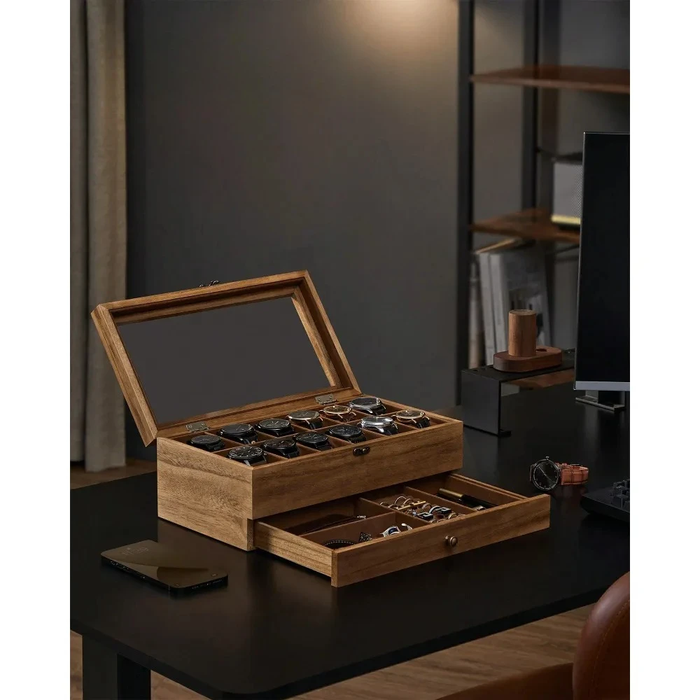 

Двухуровневая коробка для часов на 12 отделений, большая витрина со стеклянной крышкой, съемные подушечки и мягкая бархатная подкладка