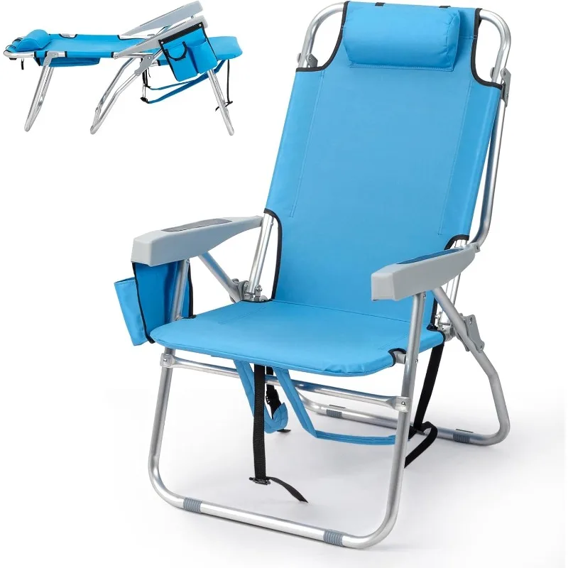 

Backpack Beach Chair, 5 Level Adjustable Positions Beach Chair with Back Storage Bag, Cooler Pouch and Side Bags for Bea