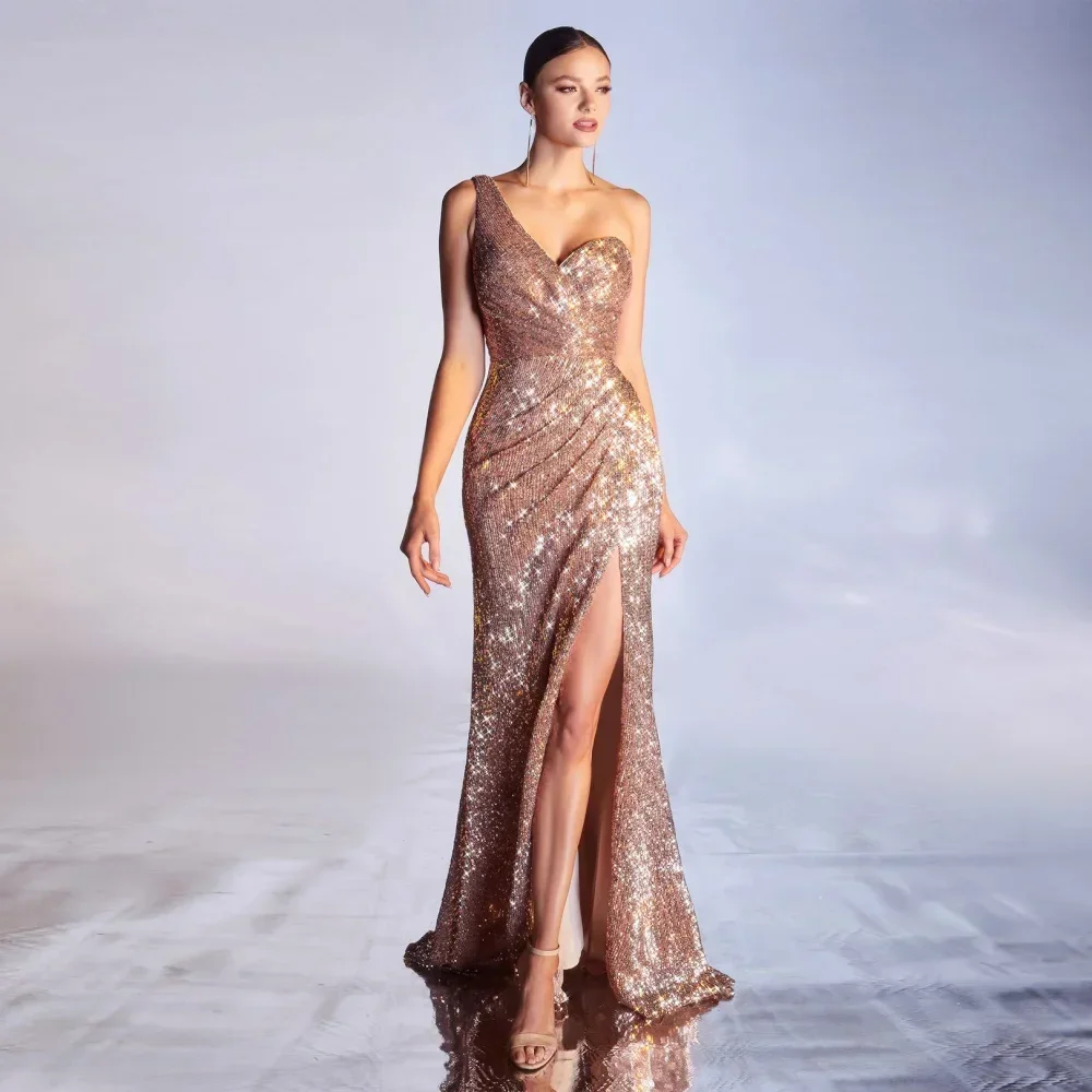 Customized Modern 2024 Sequin Satin One Shoulder Sleeveless Prom Dress With High Split Floor Length Evening Gown For