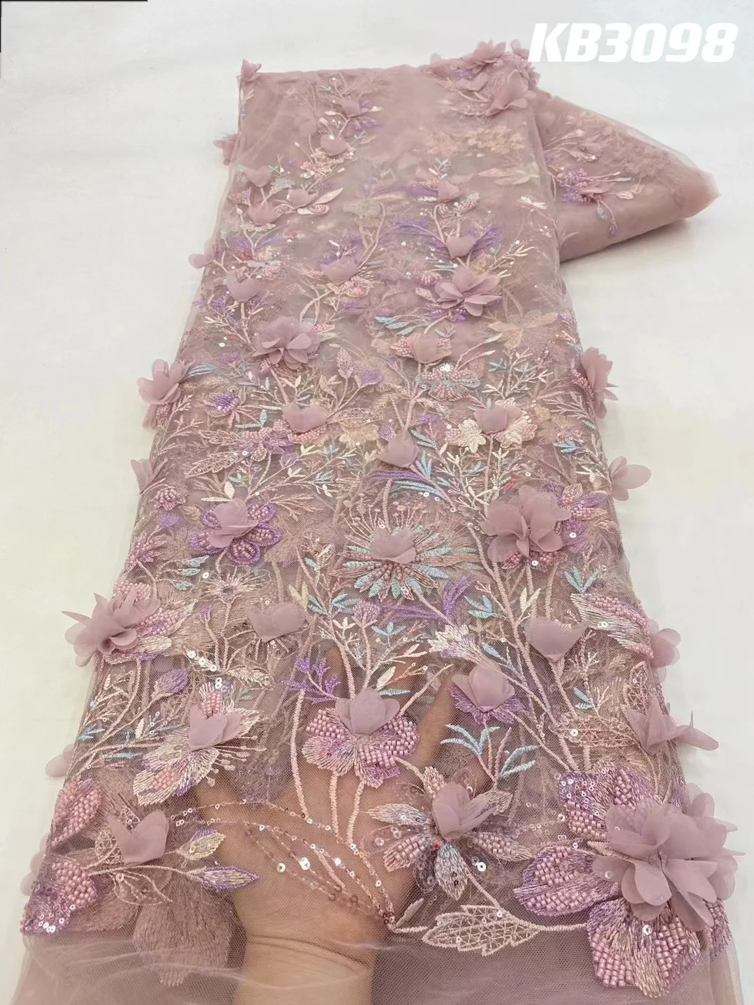 3D Flower Embroidery Lace Purple Flower Beaded Fabric Lace Wedding Dress Gold French Lace Sequin Tulle Lace For Sewing KB2932