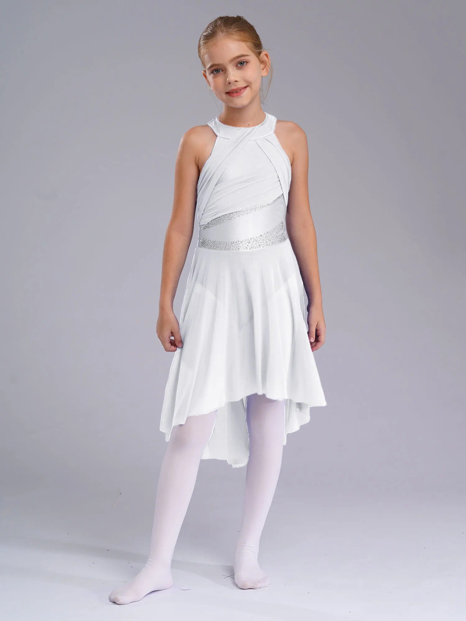 สาวโคลงสั้น ๆ บัลเล่ต์เต้นรําละตินเครื่องแต่งกายร่วมสมัยสมัยสมัยใหม่ Dancewear แขนกุดประกาย Rhinestone Ruched ชุดรัดรูป