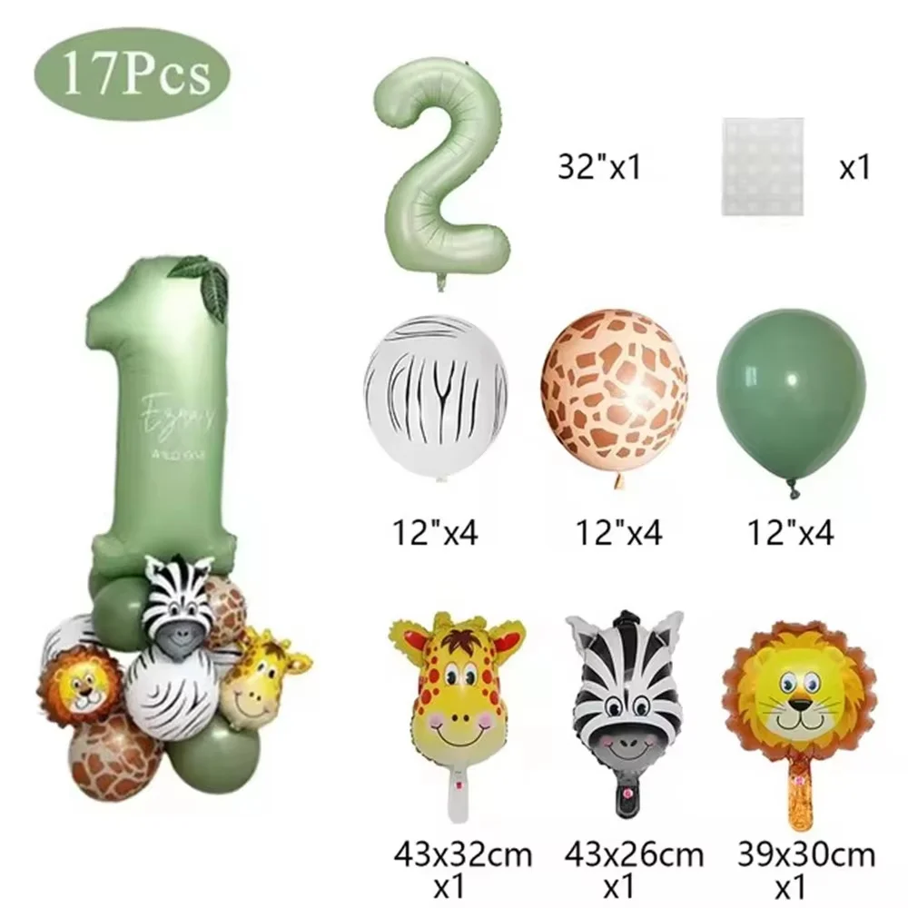 Jungle Animal Birthday Balloons Sage Green Number Balloons Arch Garland for Baby Shower Wild One Safari Birthday Party Decor view 5