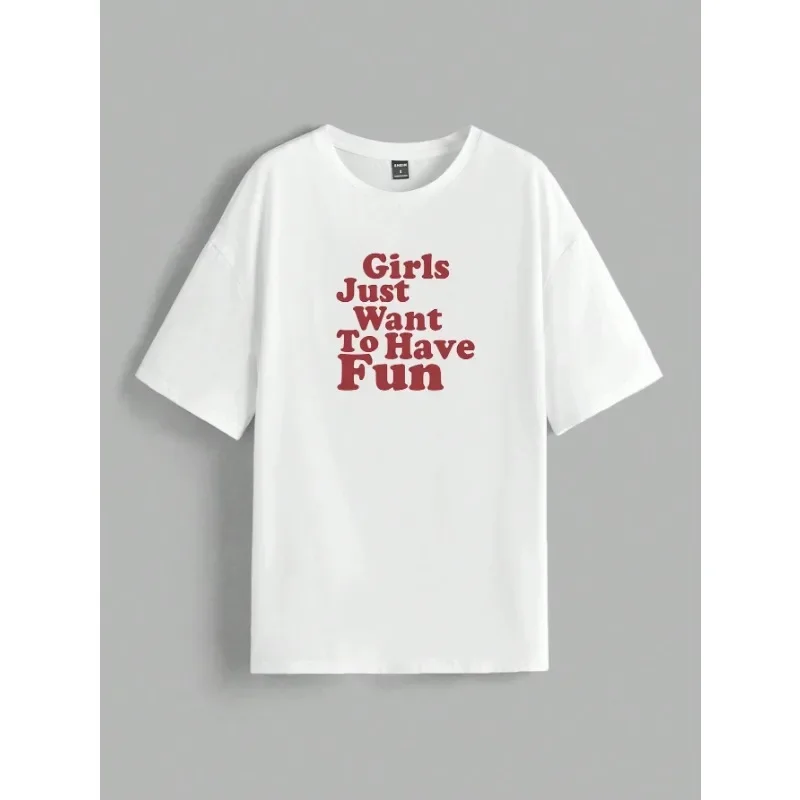 Plus Size Girls Just Want To Have Fun Harajuku Casual Print Red Slogan Print White Short Sleeve Loose Street Women's T-shirt