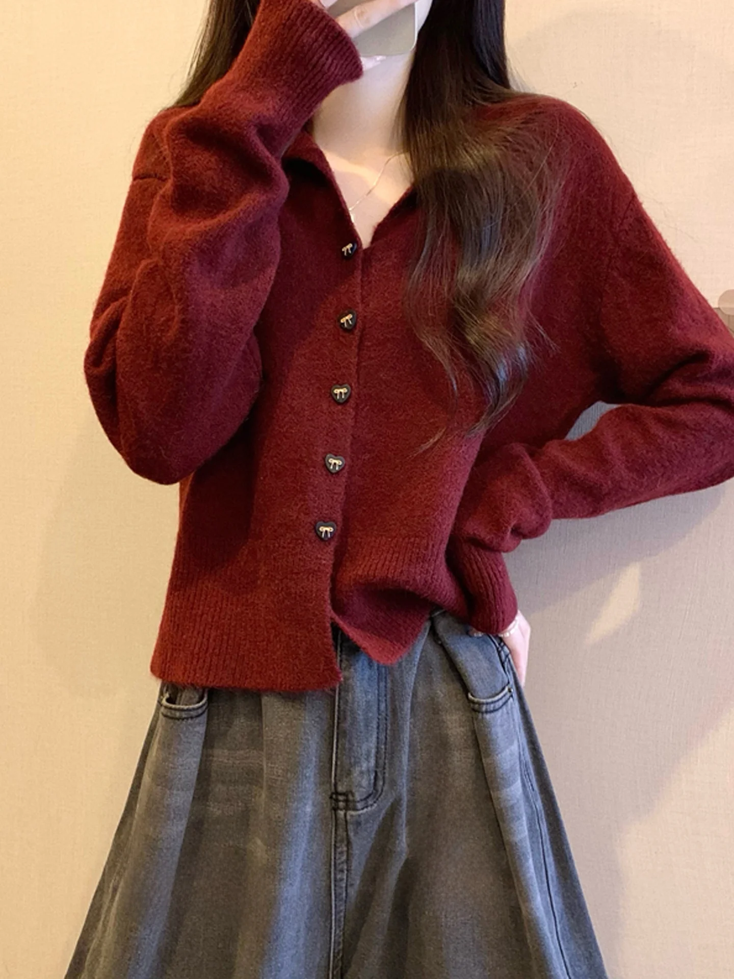 Angola rouge tricoté ouvert Cardigan femmes début du printemps nouvel an Robe 2025 ort pull manteau automne hiver haut chaleur