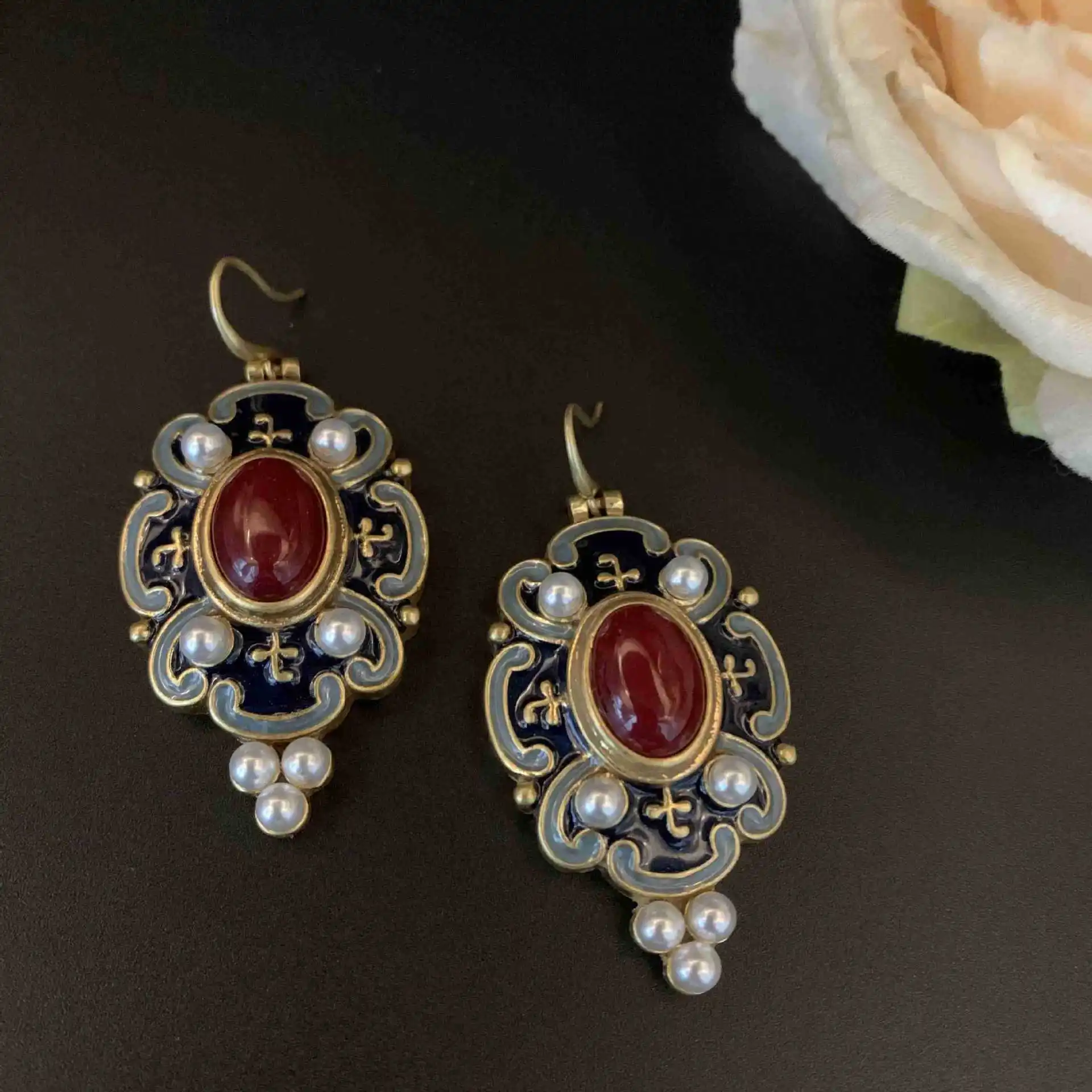 

vintage high-grade enamel Vintage Pearl New Chinese large size earrings Wholesale Women Jewelry Punk Designer Runway medieval