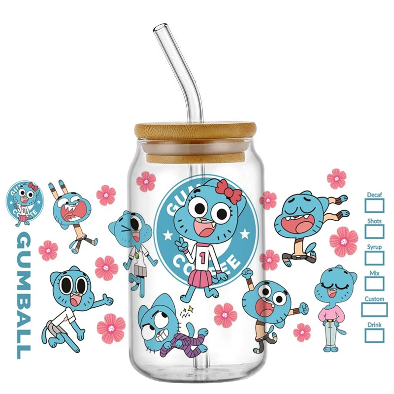 جديد الأشعة فوق البنفسجية DTF كأس التفاف لطيف Gumball نقل ملصقات ثلاثية الأبعاد ل 16 أوقية Libbey الزجاج يمكن بهلوان ذاتية اللصق مقاوم للماء الشارات بالجملة