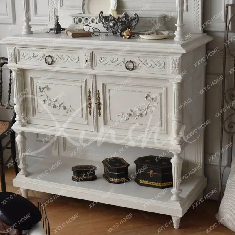 White Vintage Sideboard Cabinet Small Apartment Solid Wood Carved Storage Rack