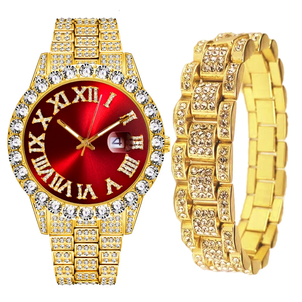 Fashion Watch for Men Luxury Iced Out Watch + Bracelet Cuban Chain Rhinestone Mens Watch Set Jewelry Set Clock Boy Friend Gifts